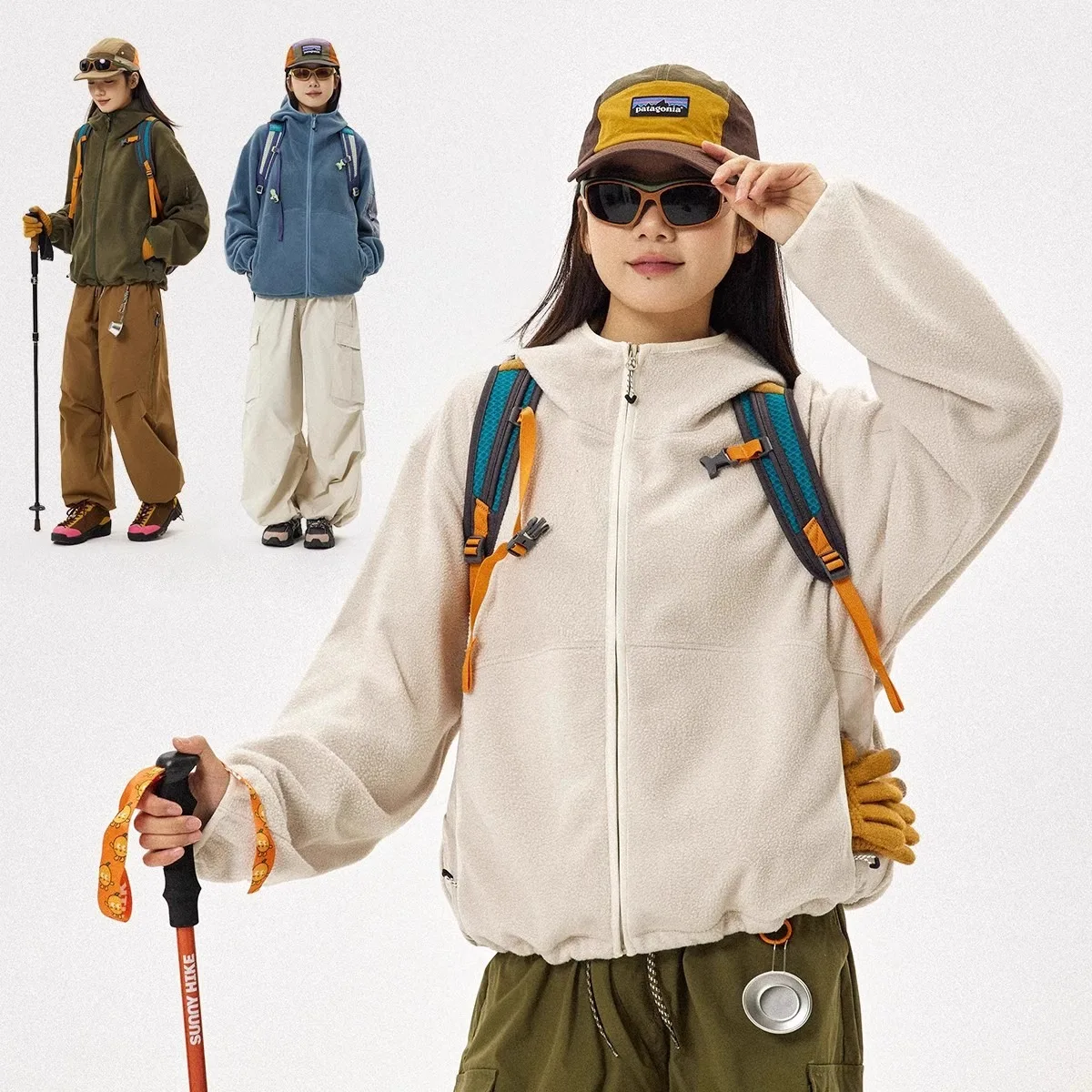 

Fleece Jacket Outdoor Cropped Hooded Polar Fleece Cardigan Japanese Style Zippered Zip-Up Coat Thermal Lightweight​