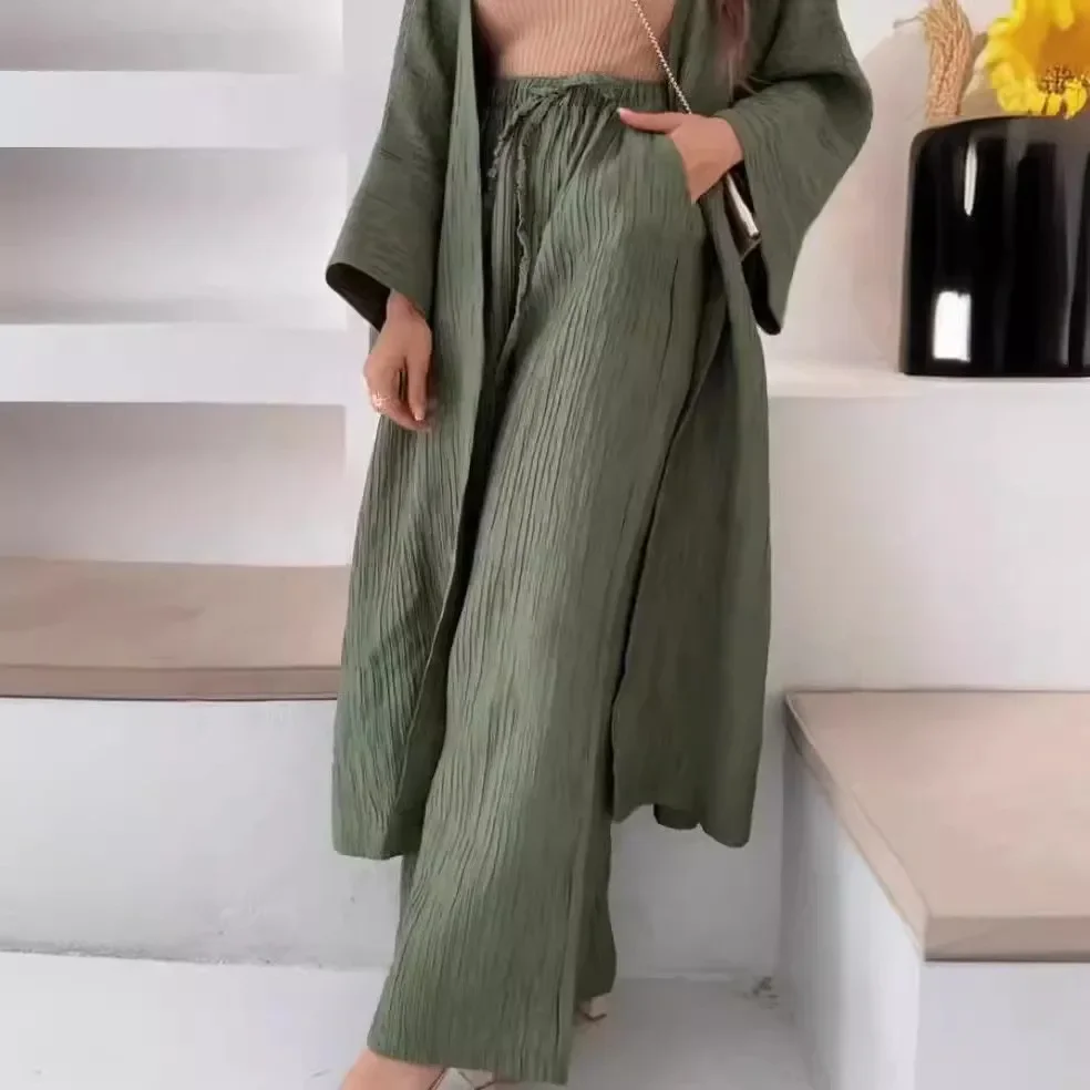 Solid Color Coat Trousers Set Women's Casual Daily Cardigan Trousers Set with Loose Pleated Top Wide Leg Pants High for Everyday