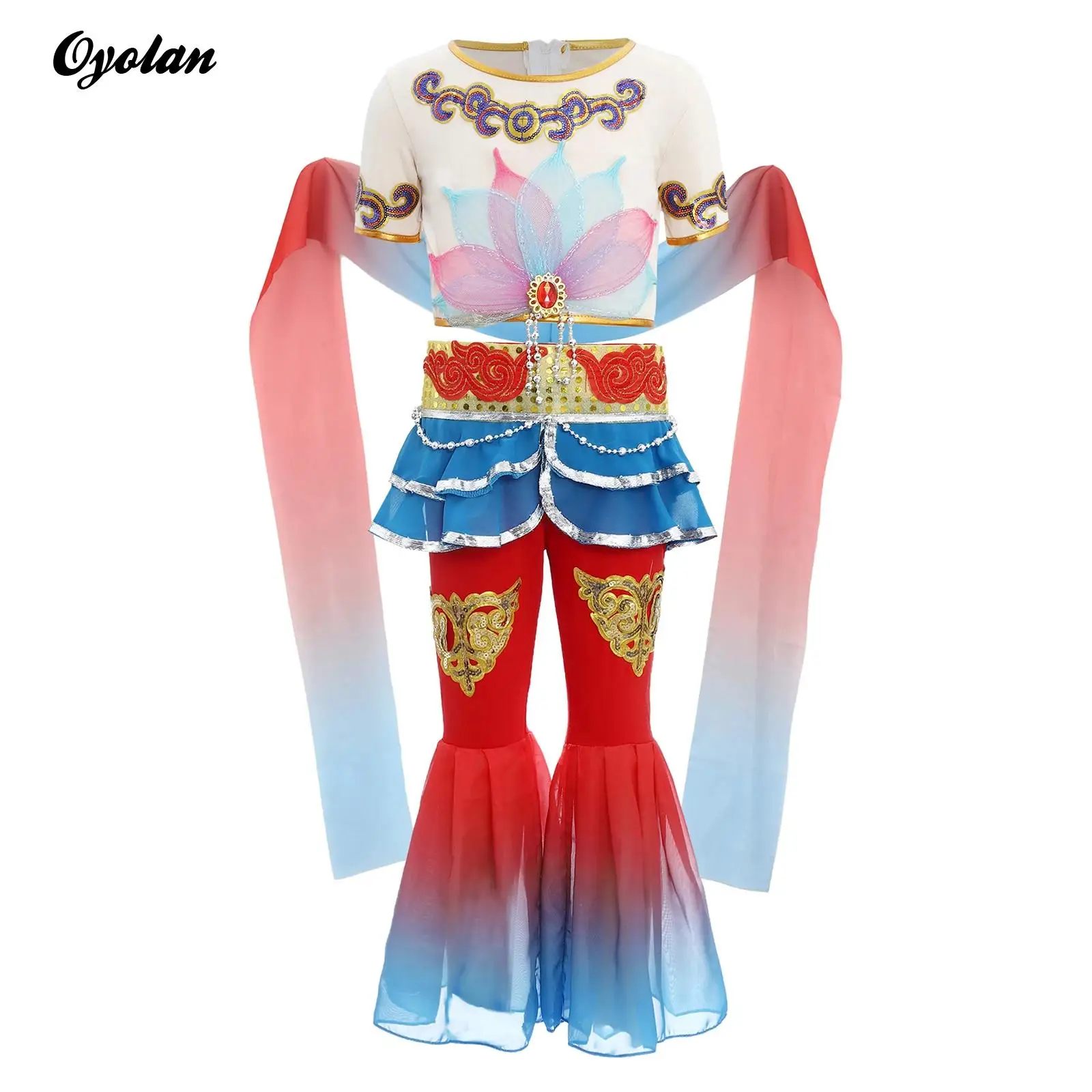

Kids Girls Ancient Dunhuang Classical Folk Dance Costume Short Sleeve Crop Top with Flare Long Pants Overlay Ribbon Outfit