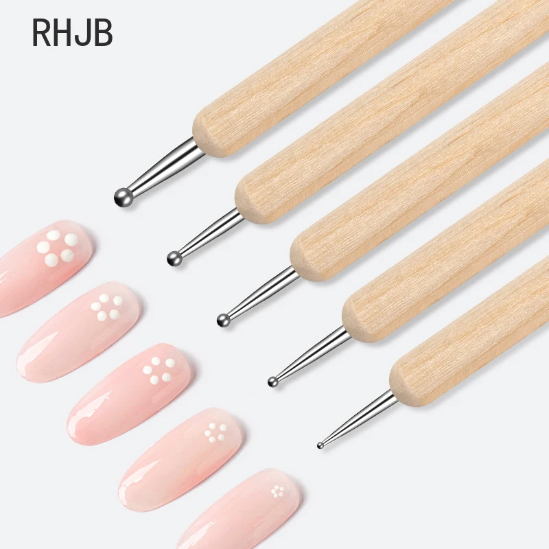 

RHJB Nail Point Drill Pen Wooden Pen Bar Stirring Nail Polish Draw Five Petals Flower Polka Dot Double Head Stainless Bar Pen