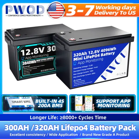 PWOD 12V 24V 320AH 300AH Lifepo4 Battery 8000 Cycle Lithium Iron Phosphate Battery for Boat/Car/Energy Storage System US Stock