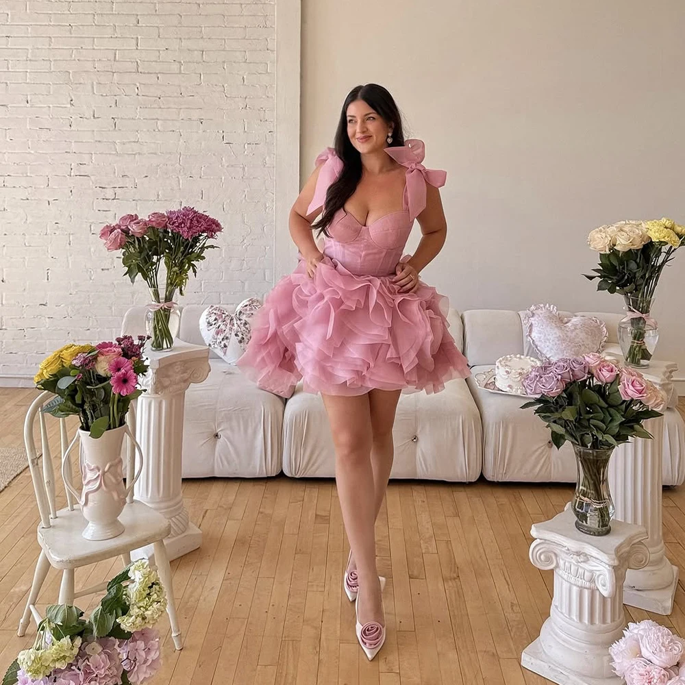 

Pink Prom Dresses Sweetheart Sleeveless Short Evening Dress Ruffled Bow Birthday Party Gown Mini Cocktail Homecoming Customized