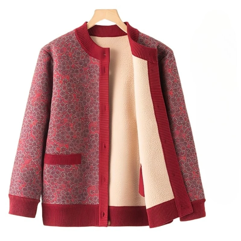 

Women's Spring Autumn Blouse Jacket Cardigan Printed Velvet Thickened Warm Middle-aged Simple Comfortable Soft Niche Versatile