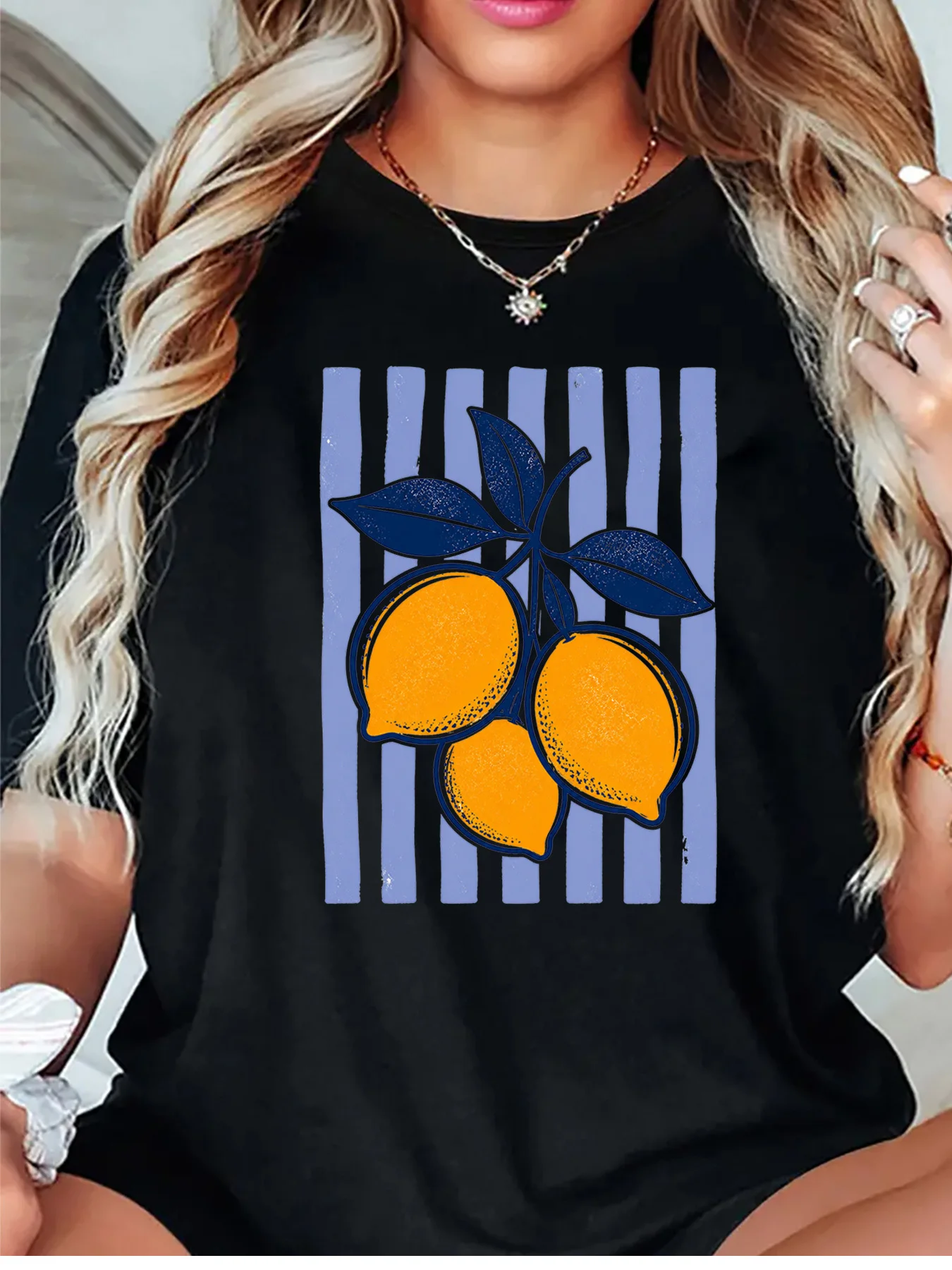 Vintage Lemon Branch Blue Vertical Stripes Summer Fruit Graphic Womens T Shirt Short Sleeve Crew Neck Casual Ladies Tee Tops