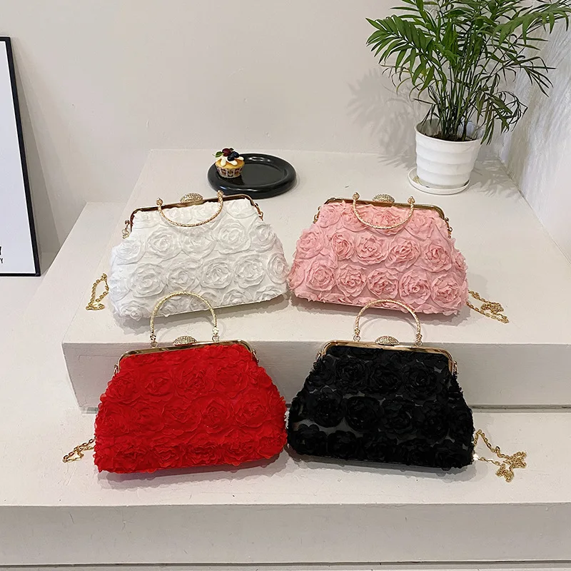 Luxury Satin Floral Bride Party Evening Clutch Bag Women Wedding Purses and Handbags Small Shoulder Chain Bag Designer Bag