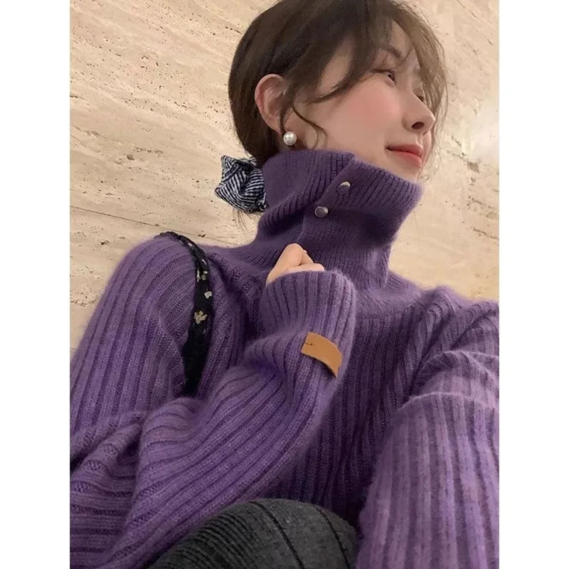 

Свитер с лацканами в корейском стиле, женский пуловер, осенне-зимний свитер с высоким воротником, универсальный топ