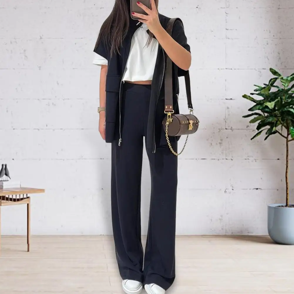 2025 Women's Two Piece Outfit Casual Full Zip-up Short Sleeve Shirt And Wide Leg Pants Set Casual Lounge Tracksuit