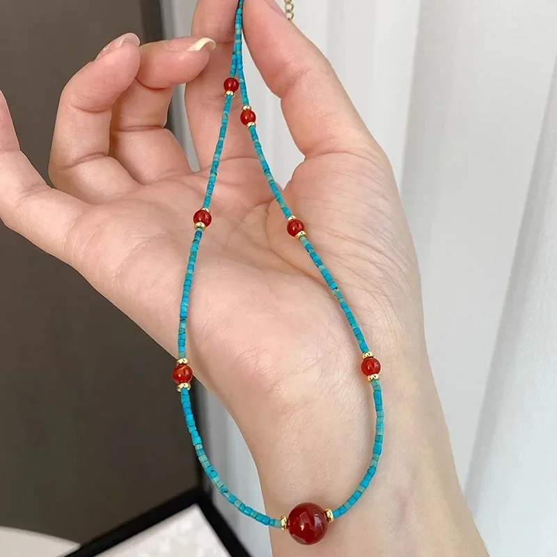 

British [Designer] Natural Turquoise Agate Beaded Necklace Women's Collarbone Chain Ornament