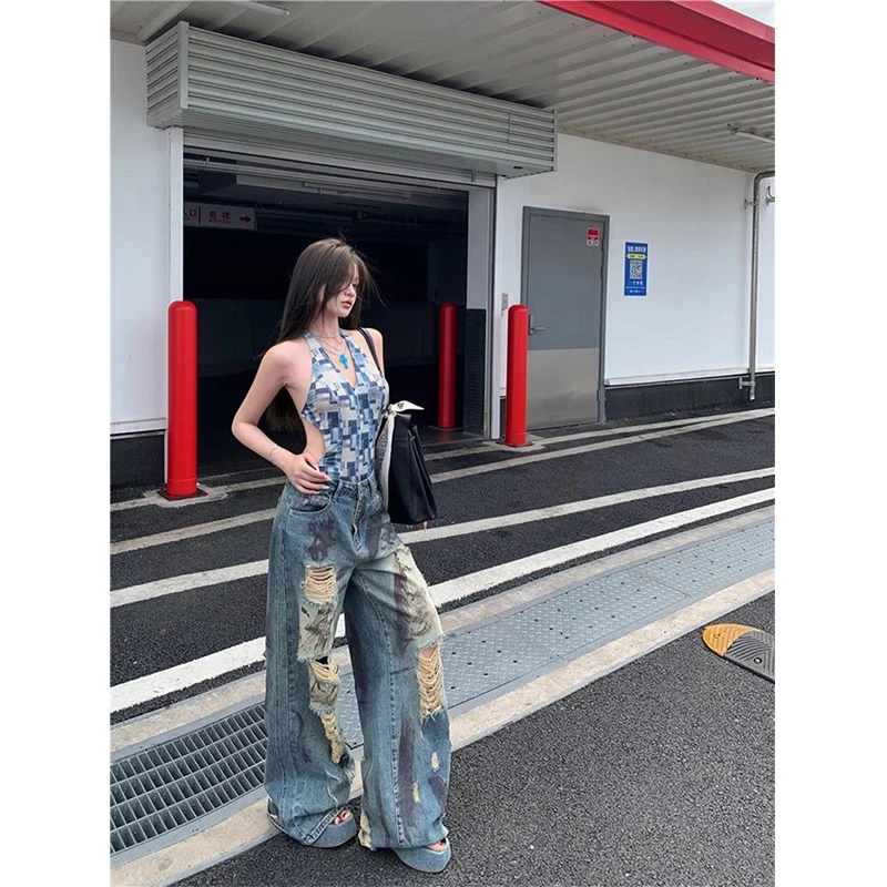 

Y2K рваные джинсы женские винтажные уличные широкие джинсовые брюки с дырками Harajuku эстетический Gyaru мешковатый дизайн прямые брюки новые