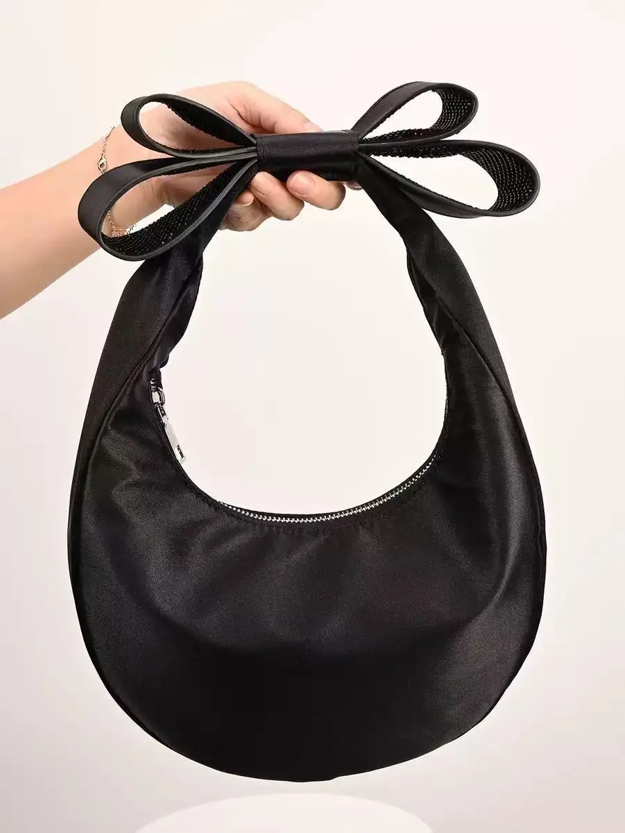 Luxury Fashion Satin Moon Bag Women Handbag Glitter Bow Knot Evening Bag Wedding Party Clutch Purse Female Shoulder Underarm Bag