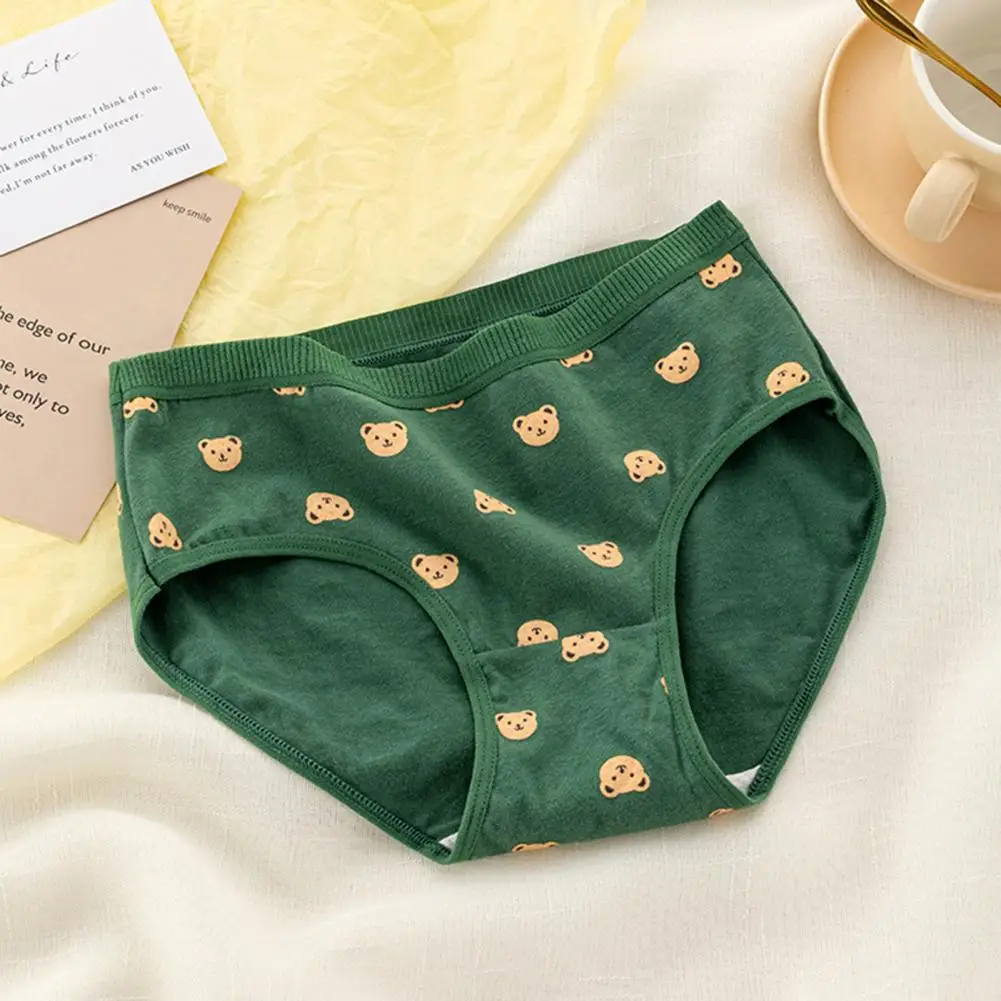 Women Cartoon Cute Bear Pattern Green Cotton Crotch for Teenage Girls Japanese Style Mid-rise Cartoon Student Underpants