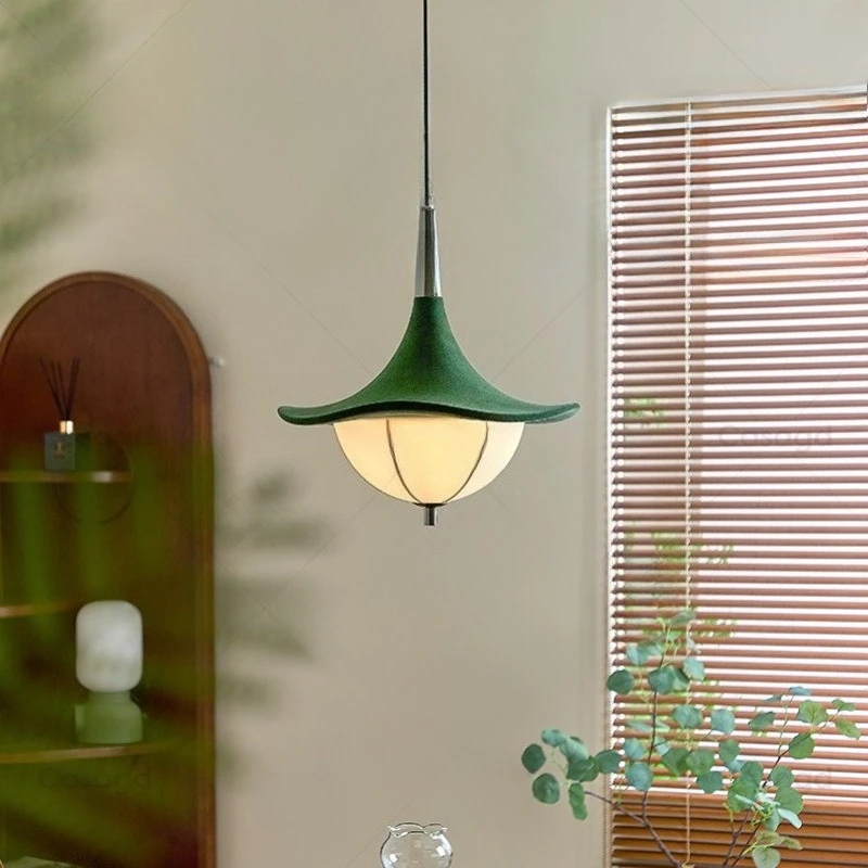 French Retro Taper Green Velvet Resin Pendant Lights Rotundity White Fabric Hanging Lamp Living Room Hotel Restaurant Chandelier