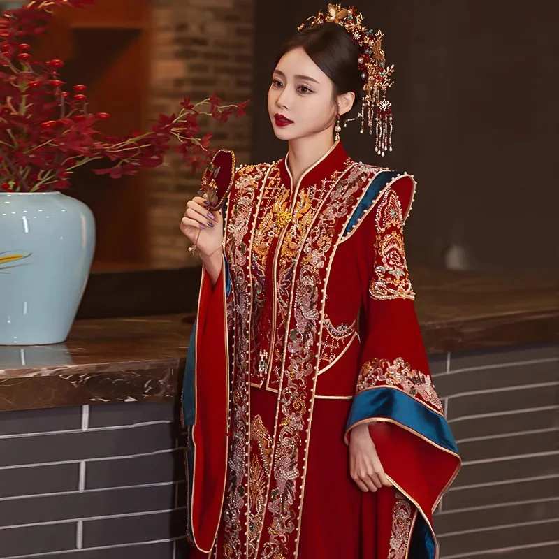Advanced Color Contrasting Xihe Clothing 2025 New Heavy Industry Bridal Wedding Toast Dress Chinese Wedding Dress