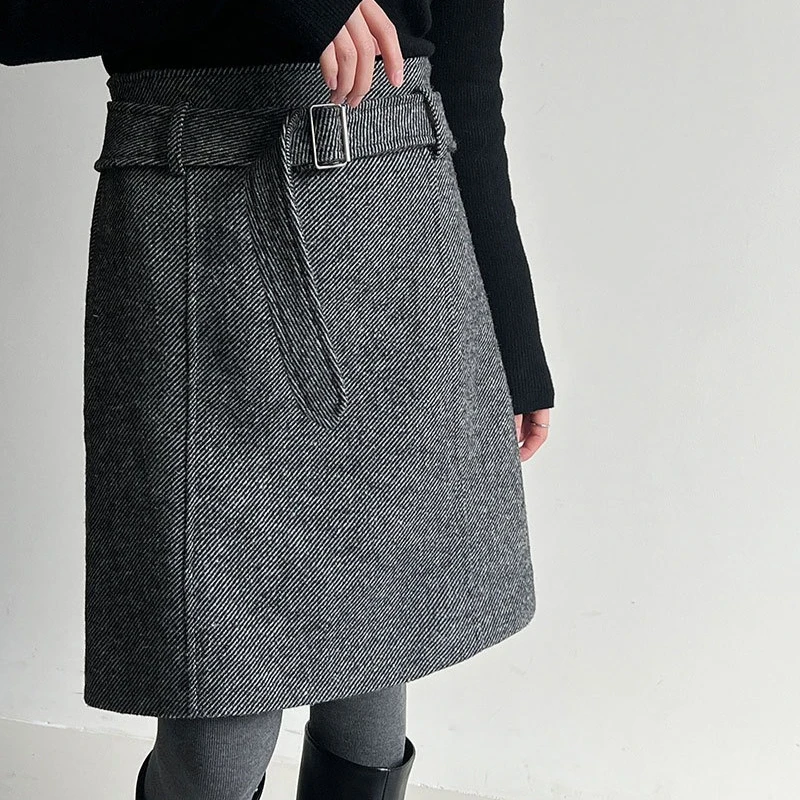 Damska spódnica retro z wysokim stanem, prosta, wełniana, z paskiem, w stylu francuskim, w jodełkę, podstawowa, luźna, elegancka, na jesień i zimę.