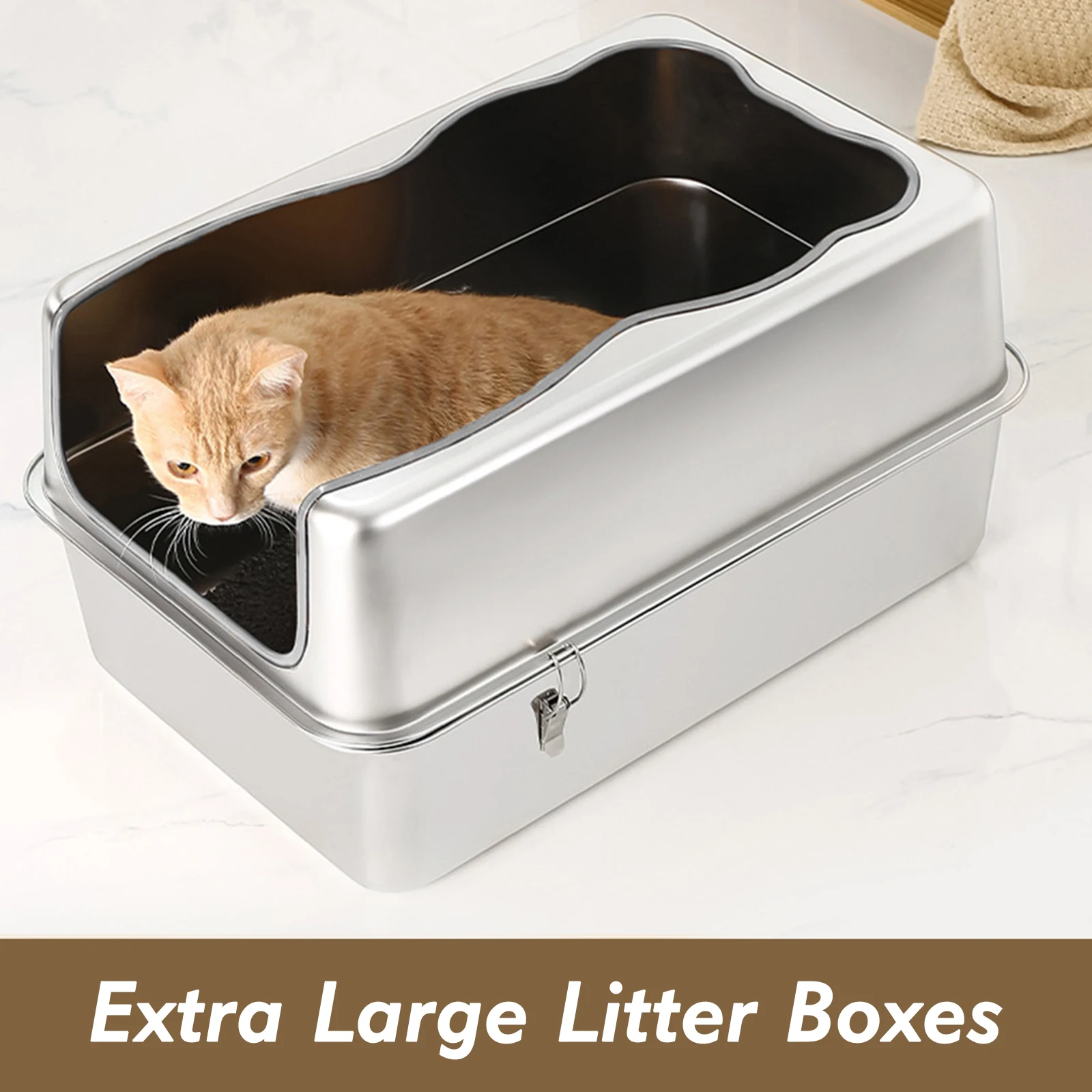 

Extra Large Cat Litter Box Anti-Urine Leakage Metal Litter Tray Stainless Steel Top Exit Metal Cat Pan for Big Cats Multiple Cat