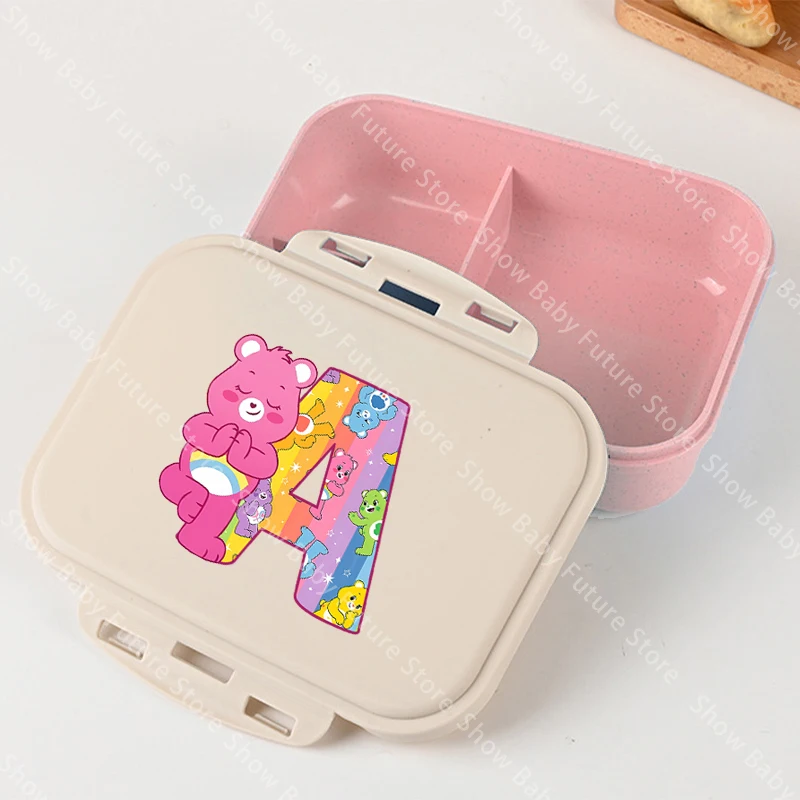 Cute Care Bears Lunch Box Portable Anime Letter A-Z Meal Case with Spoon Fork Student Office Supplies Fruit Food Containers Gift