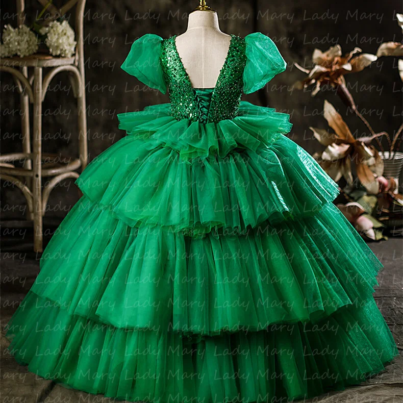 Customized Green Girls Birthday Party Gowns Layers Tulle Skirt Short Sleeves Princess Wedding Flower Gowns Photo Shoot Pageant