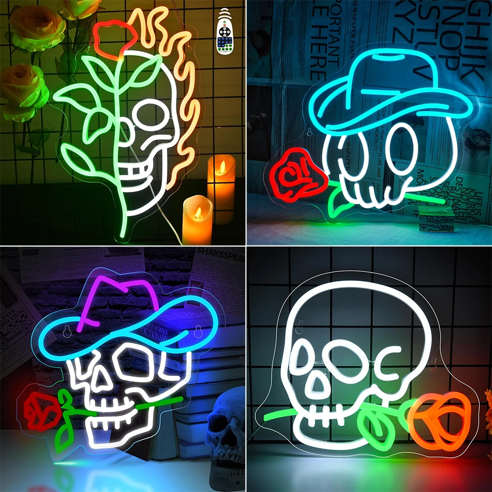 Skeleton Neon Sign Halloween Neon Sign Wall Decor Halloween Party Room Decoration Dimmable Bar Living Room Home Light USB