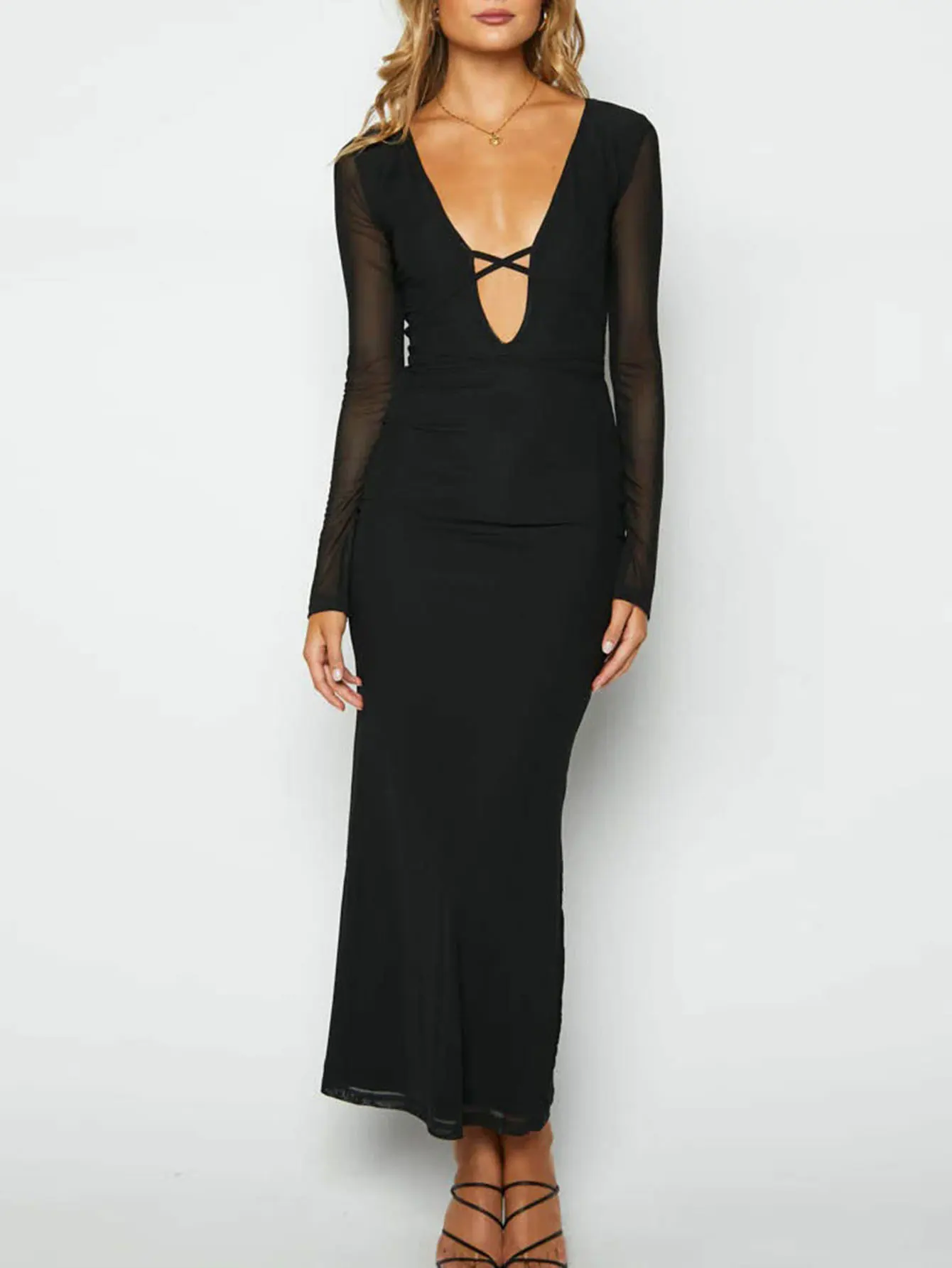 Robe d'été élégante pour femmes, basique, unie, col en v, manches longues, découpée, ajustée, à la mode, tenue décontractée