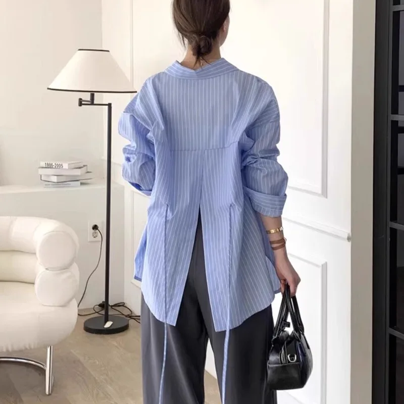 Polo Collar Split Lace-up Loose Long-sleeved Shirt Women 2025 Autumn New High Street Single-breasted Striped Casual Tops