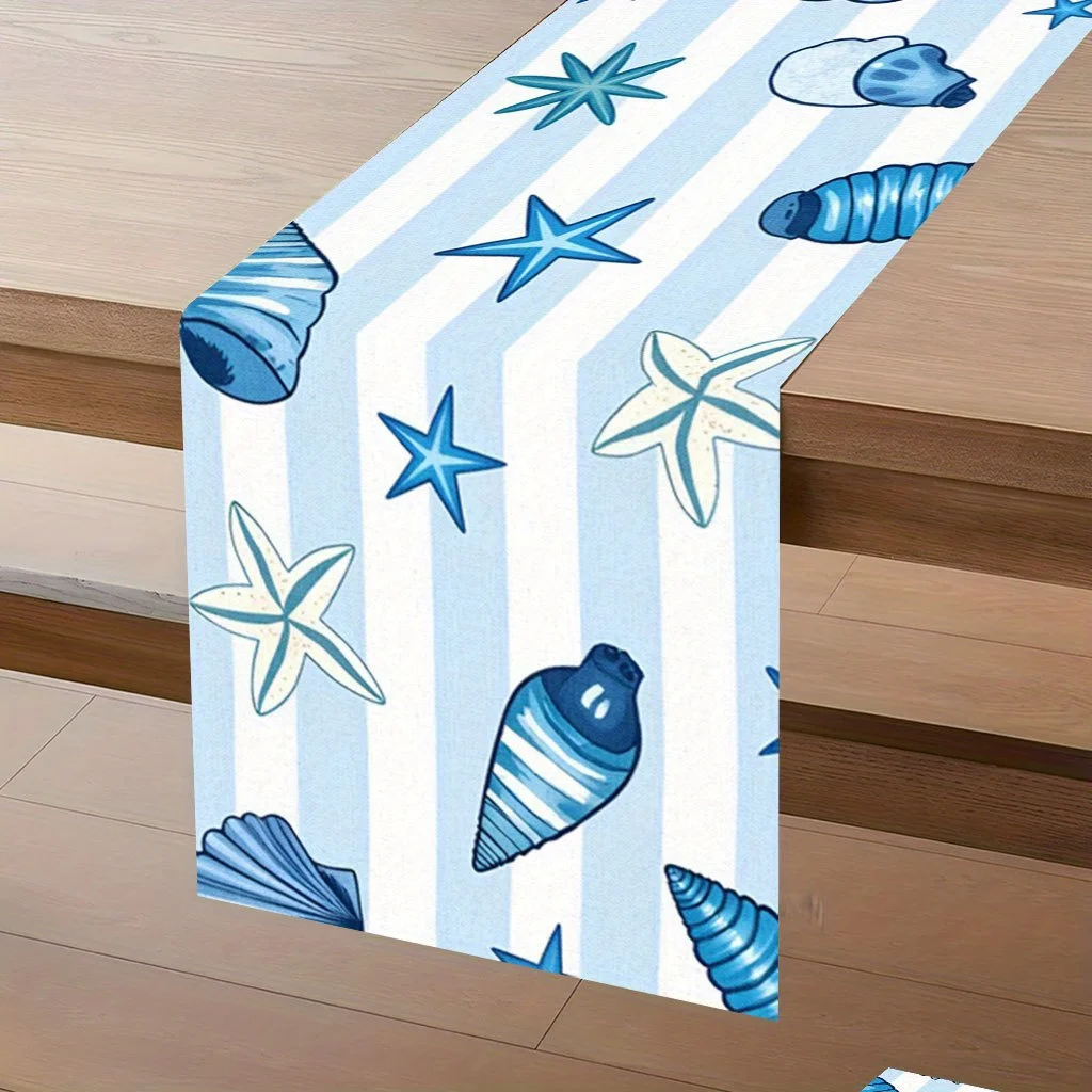 Shell Starfish Conch Stripe Linen Table Runner Party Decor Washable Summer Ocean Theme Kitchen Dining Table Runner Wedding Decor