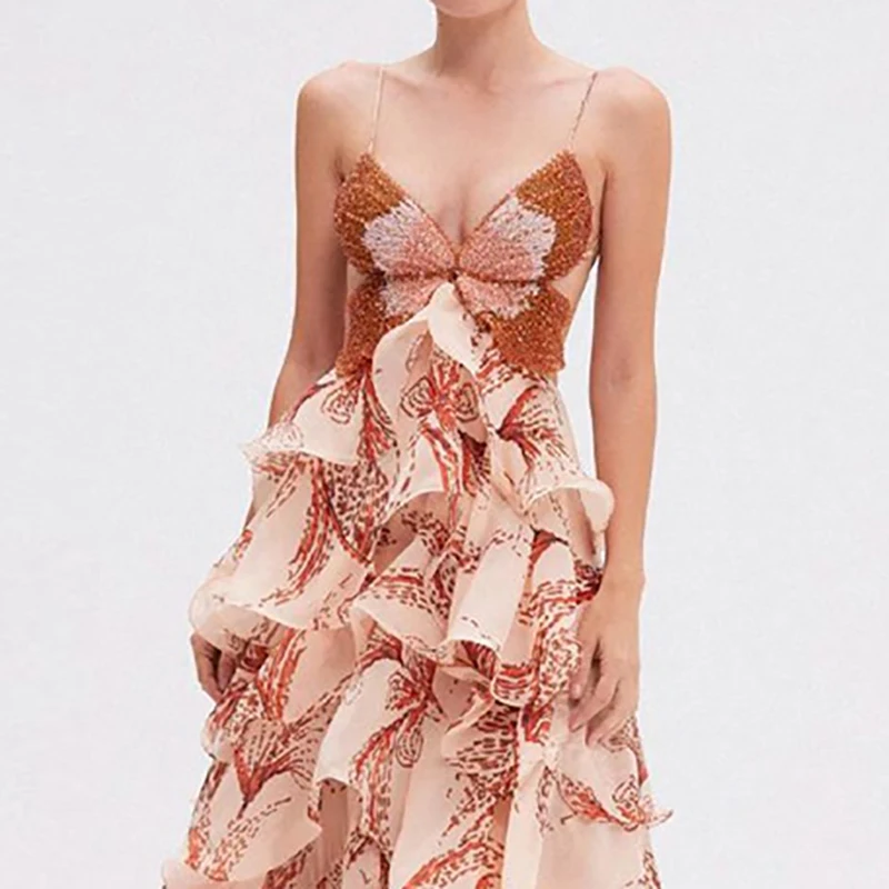 Abiti eleganti a pieghe con volant con stampa a farfalla Abito lungo da donna sexy con scollo a V e allacciatura senza schienale Abito estivo senza maniche scollato Boho