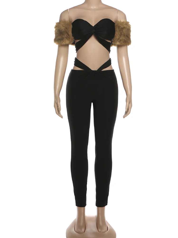 Cutenew Cross Hollow Damski Komplet Dwuczęściowy Seksowny Dres Dekolt Hiszpanka Futrzane Wstawki Top+Legginsy z Wysokim Stanem Pasujące Ubrania Uliczne