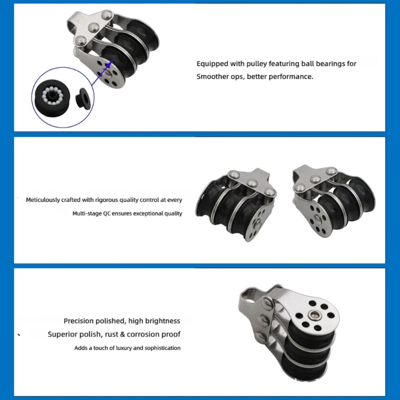 A2UC Marine Pulley Block Three-Sheave Stainless Steel Rope Guide Hardware with Attachment Eye for Yacht Deck Line Use