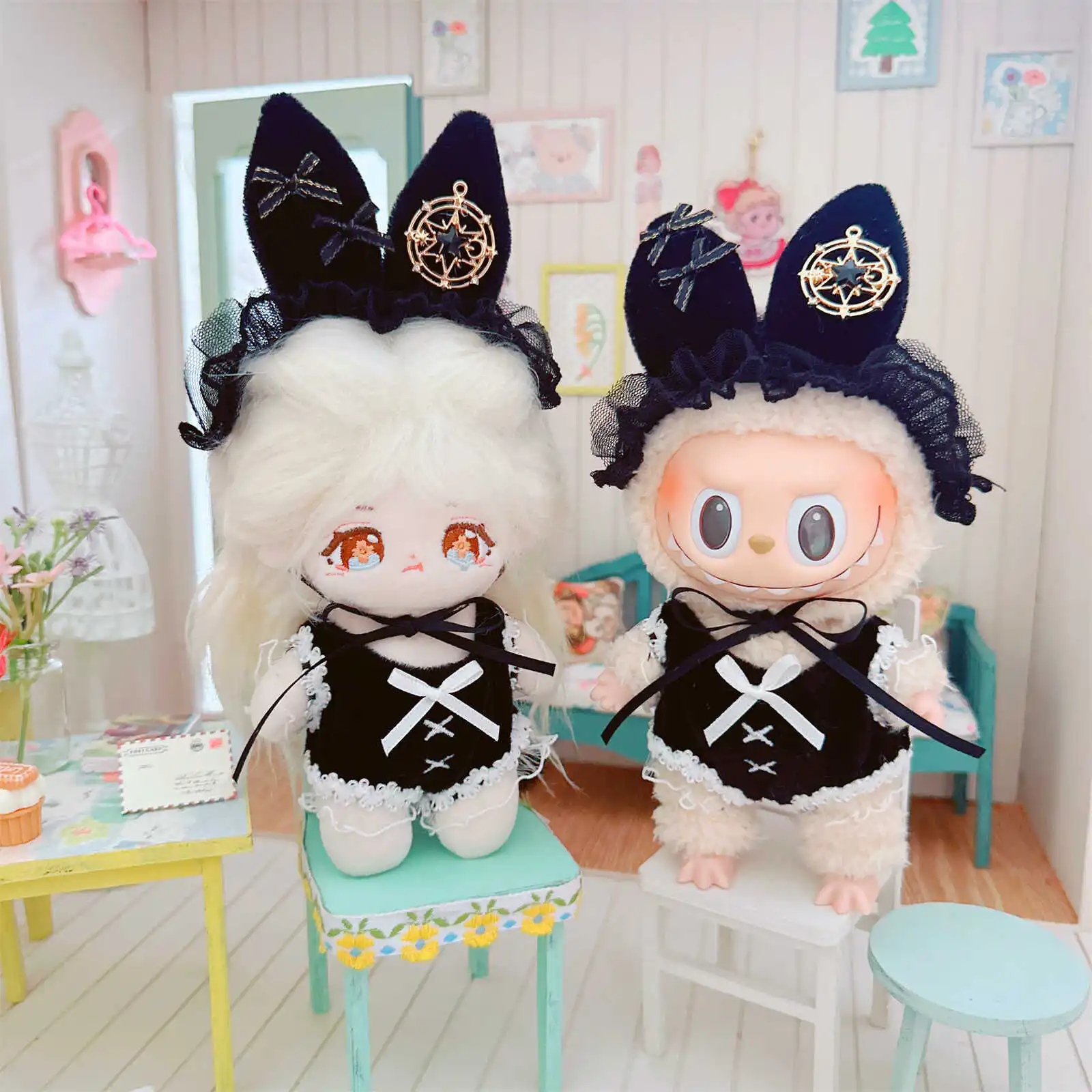 Kawaii Idol Doll Clothes, Cute Black Jumpsuit, Dress, Bunny Ear Headwear, Plush Doll Clothes, Accessories, Fans Gifts, 10cm,