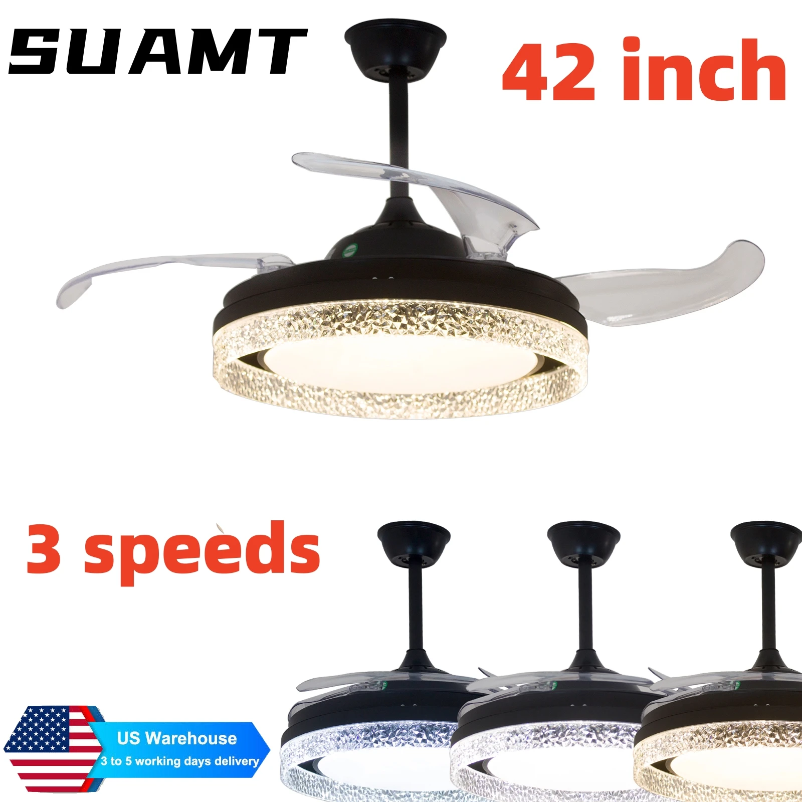 Retractable Ceiling Fan with Lights Remote Control 42 Inch Modern Ceiling Fan Lamp Quite Motor 3 Colors 3 Speeds Fan Chandelier