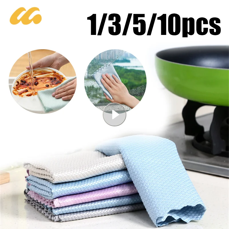 Microfiber Fish Scale Dishcloths Kitchen Super Absorbent Oil-proof Washing Rag Glass Window Wipe Cloth Household Cleaning Cloths