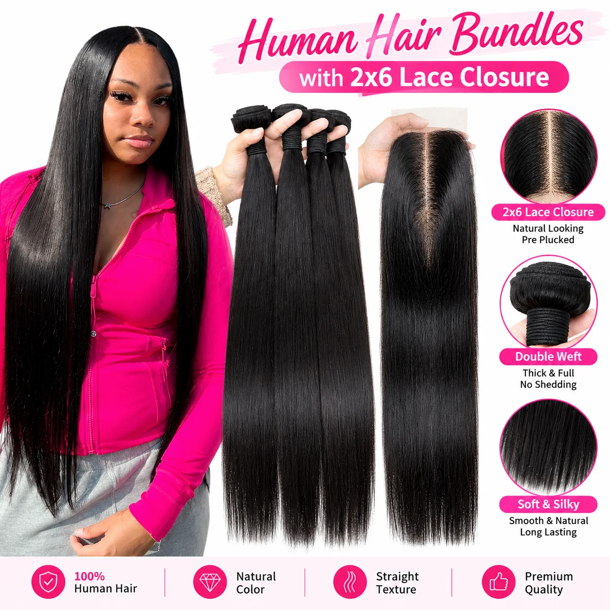 32 Inch Straight Human Hair Bundles 3/4 Human Hair Bundles With Closure 2x6 Transparent Lace Closure Human Hair Brazilian Hair,100% Virgin Unprocessed Human Hair Bone Straight Silky Hair Full Thick Ends Can Be Dyed Bleach Local Warehouse Fast Shipping