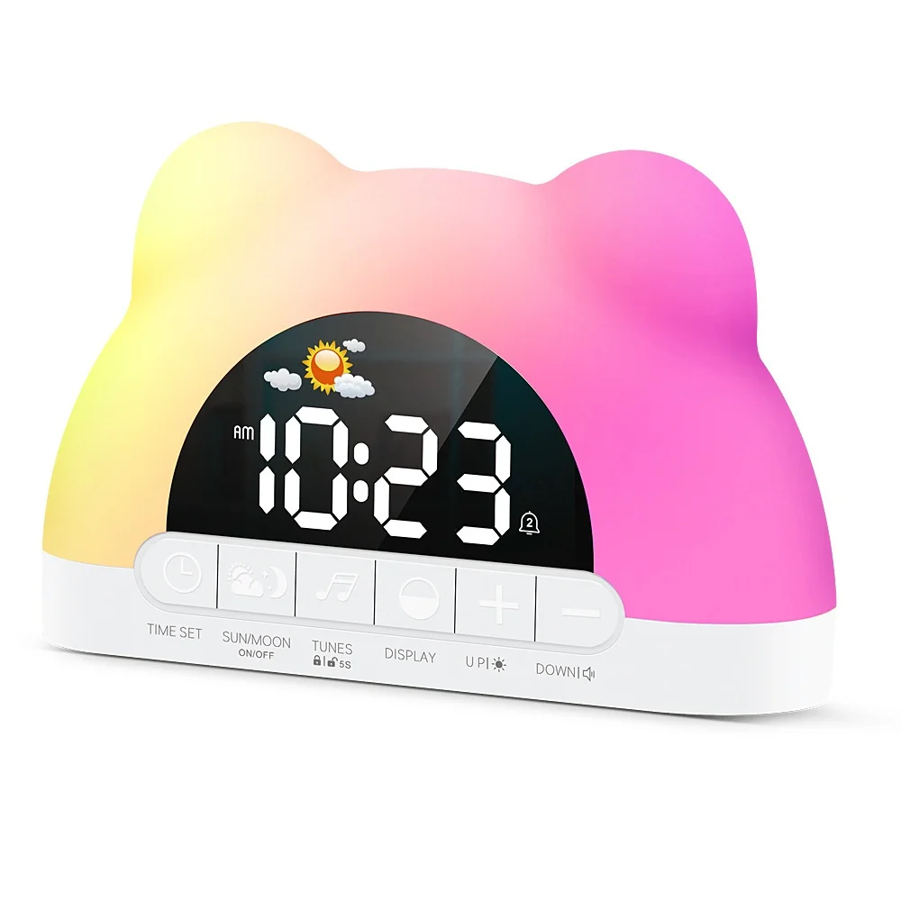 Digitaler Wecker mit Aufwachlicht, Sonnenaufgangs-Schreibtischuhr, buntes Nachtlicht, 4-stufige Lautstärke, LED-Uhr für die Schlafzimmerdekoration