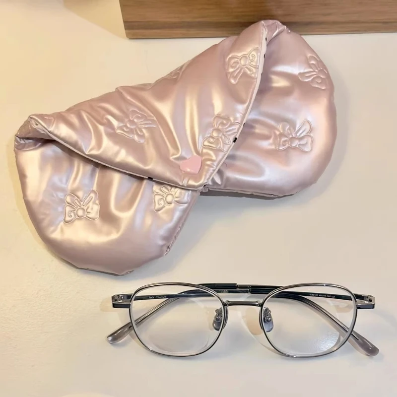 Pink Heart Shape Glasses Pouch Fashion Bow Embossed Snap Button Eyeglass Bag Soft Portable Sunglasses Organizer Protective Case