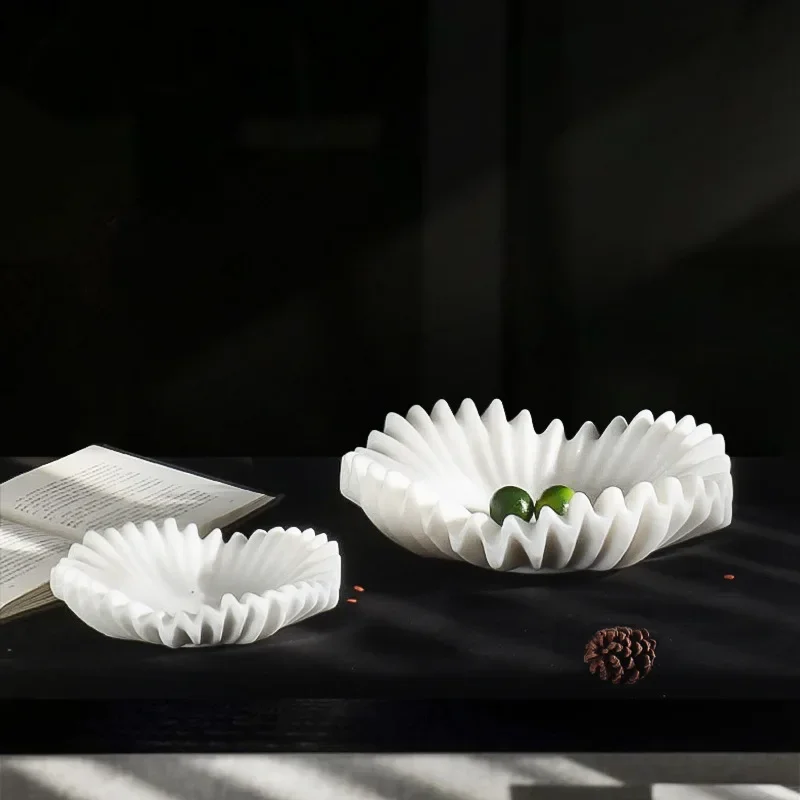 HandCrafted White Marble Ruffle Scalloped Dish for Key Ring Jewelry Decorative Fruit Bowl for Kitchen Counter and Entry Table