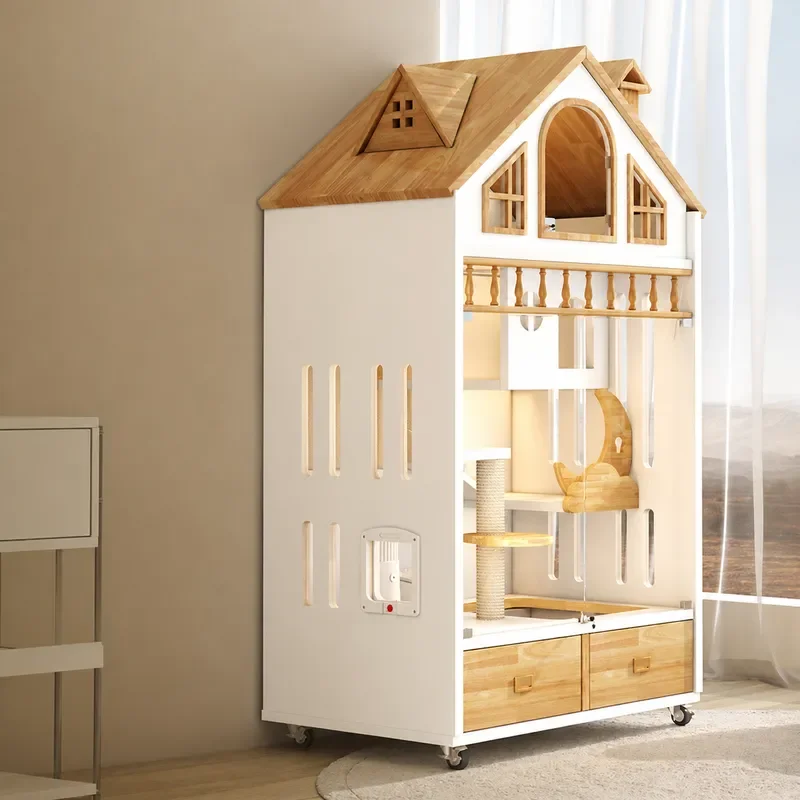 Solid Wood Cat Villa Indoor Cage with Toilet for Small Apartment Senior Cat House Nest