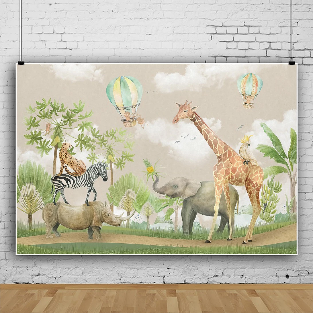 Laeacco Động Vật Châu Phi Sinh Nhật Nền Khí Cầu Khí Nóng Rừng Safari Đảng Bé Chân Dung Tùy Chỉnh Nhiếp Ảnh Backdrop