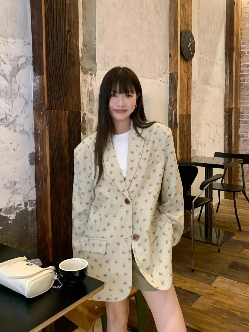 

Kumikumi Floral Print Long Sleeve Suit Jacket Women's Casual Loose Slimming Spring Fashionable Top Quality Material