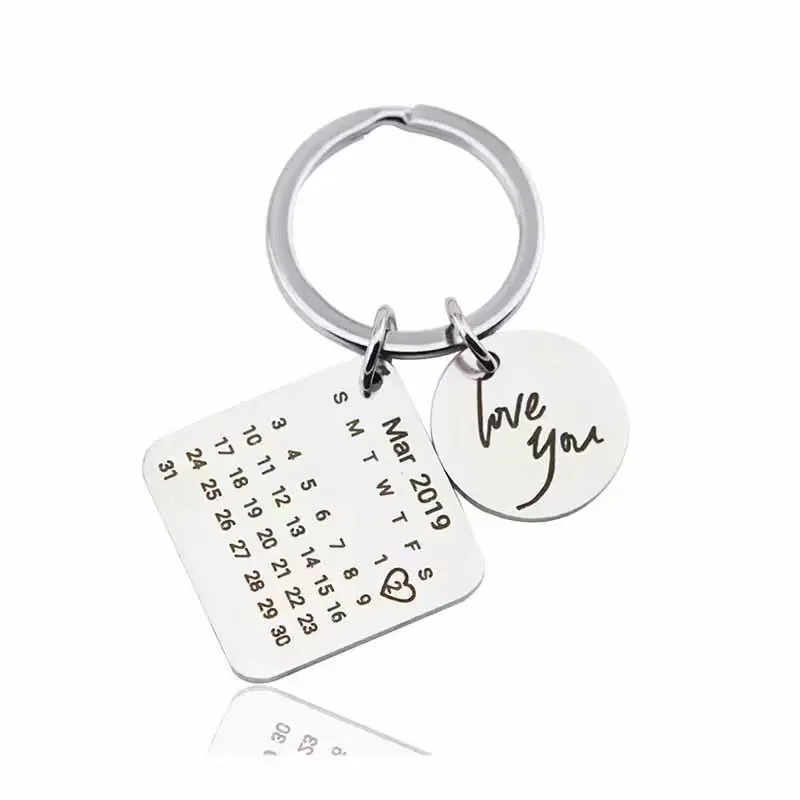 Fashion Simple Stainless Steel Calendar Keychain Trendy Engraved Couple Memorial Day Key Ring Creative Personalized Accessory
