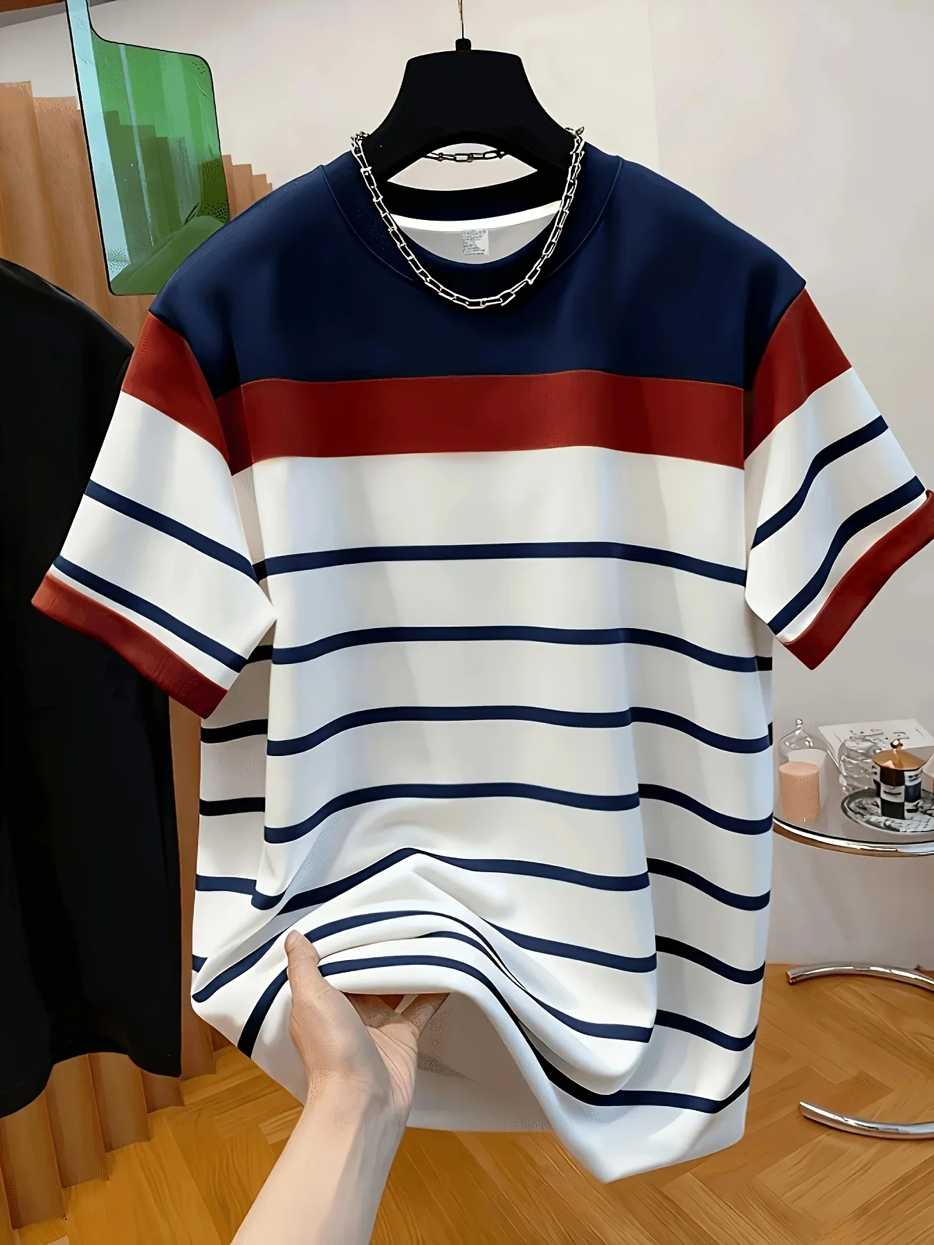 Mens Striped T Shirt Polyester 3D Printed Nautical Horizontal Crew Neck Short Sleeve Casual Summer Tee Loose Fit Comfortable