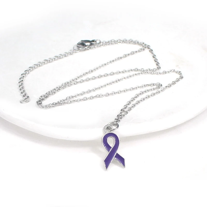 Stainless Steel Chain with Purple Ribbon Pendant Necklace Pancreatic Cancer Alzheimer's Disease Against Domestic Violence Collar