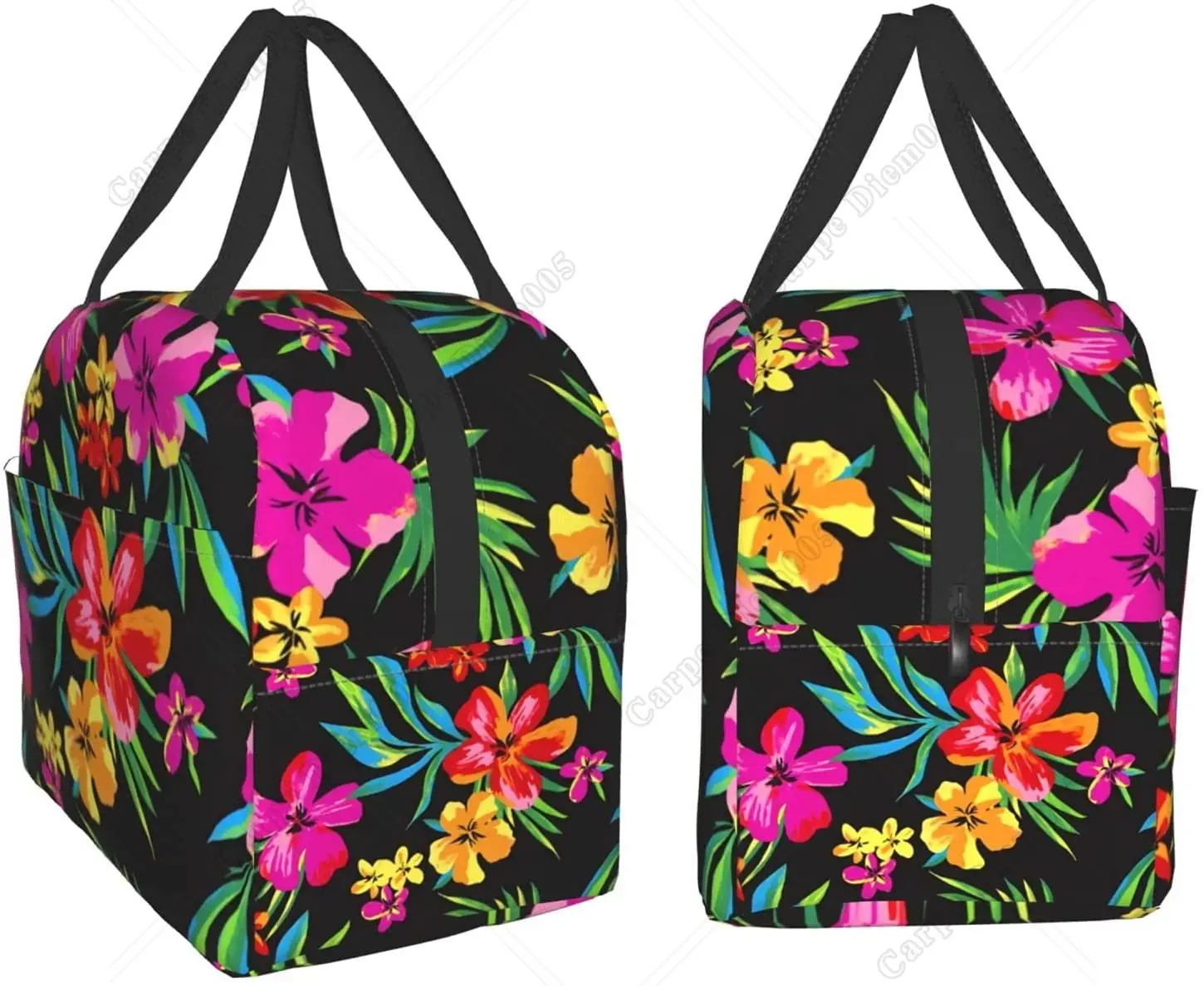 Hawaiian Pattern Flower Portable Lunch Bag Insulated Cooler Tote Box for Travel Picnic Work One Size for Men Women