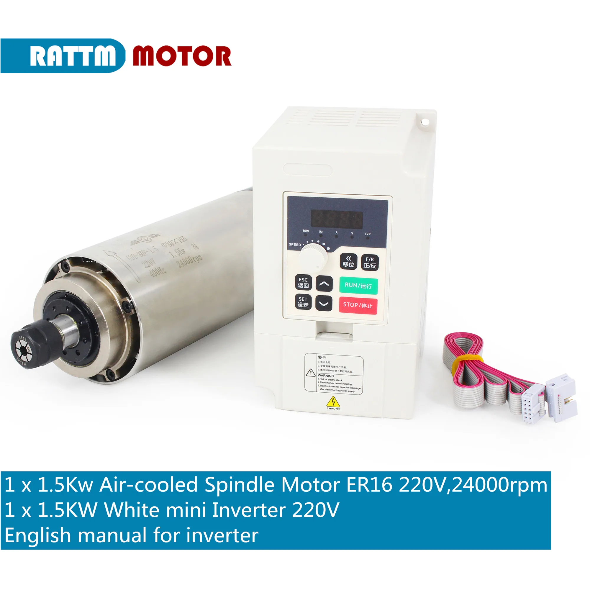 1.5KW 220V Air Cooled Spindle Motor with Four Bearings ER16 Collet for CNC Router with Engraver Frequency Converters