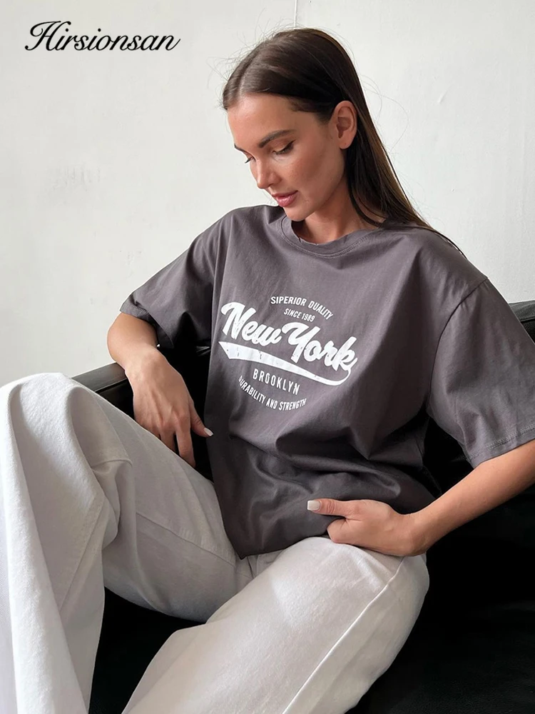 Hirsionsan Newyork Letter Print T-Shirt Women Crew Neck Loose Harajuku Top for Summer Spring Women\'s Y2k Top Harajuku