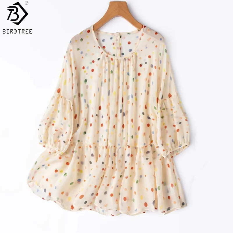 Birdtree, 100% Silk Sheer Tshirt, O-neck Lantern Sleeve Tops, Women's Georgette Sun Protection Smock, 2026 Autumn New T67524JF