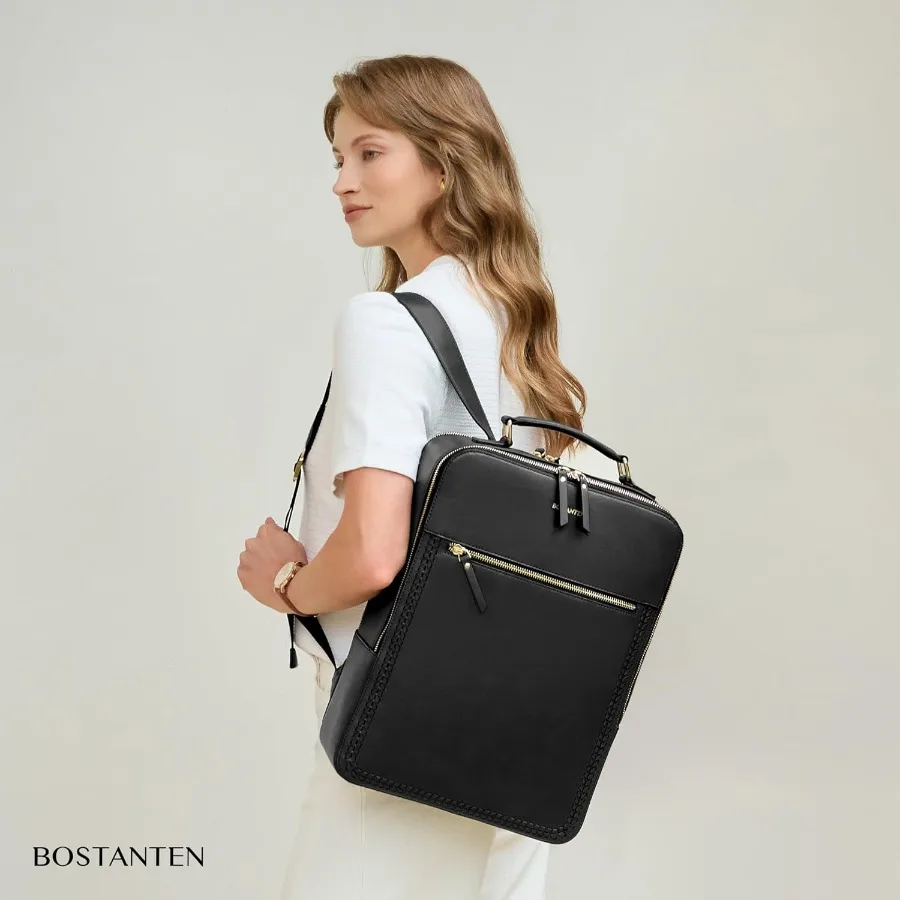 حقيبة ظهر جلدية من BOSTANTEN مقاس 15.6 بوصة حقيبة كمبيوتر محمول للسفر حقيبة ظهر كاجوال للكمبيوتر حقائب كتف للعمل الجامعي مع عربة
