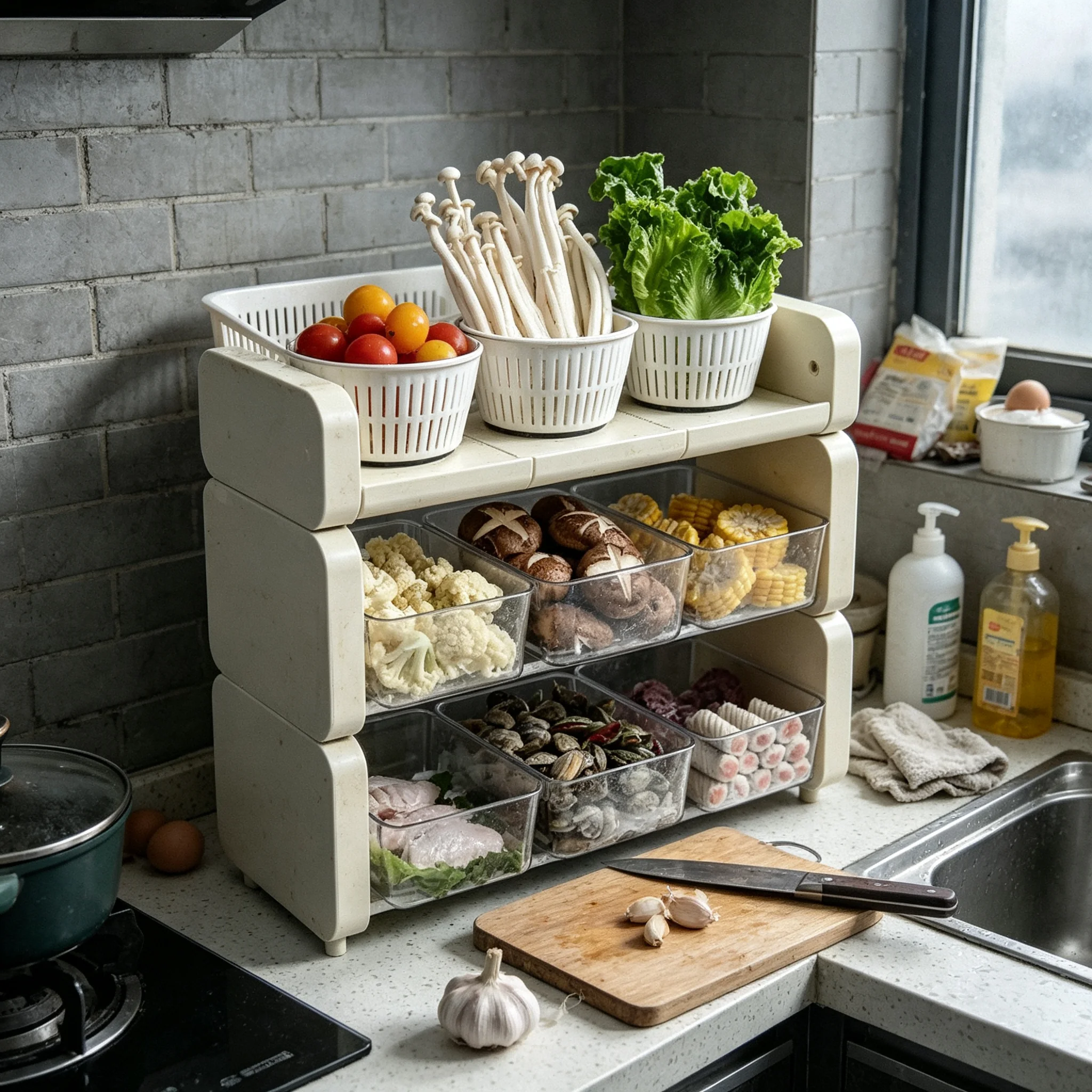 AOLIVIYA Multi Layer Floor Trolley Shelf Kitchen Storage Rack Hot Pot Plate Drawer Desktop Stand Unit Cart Bin