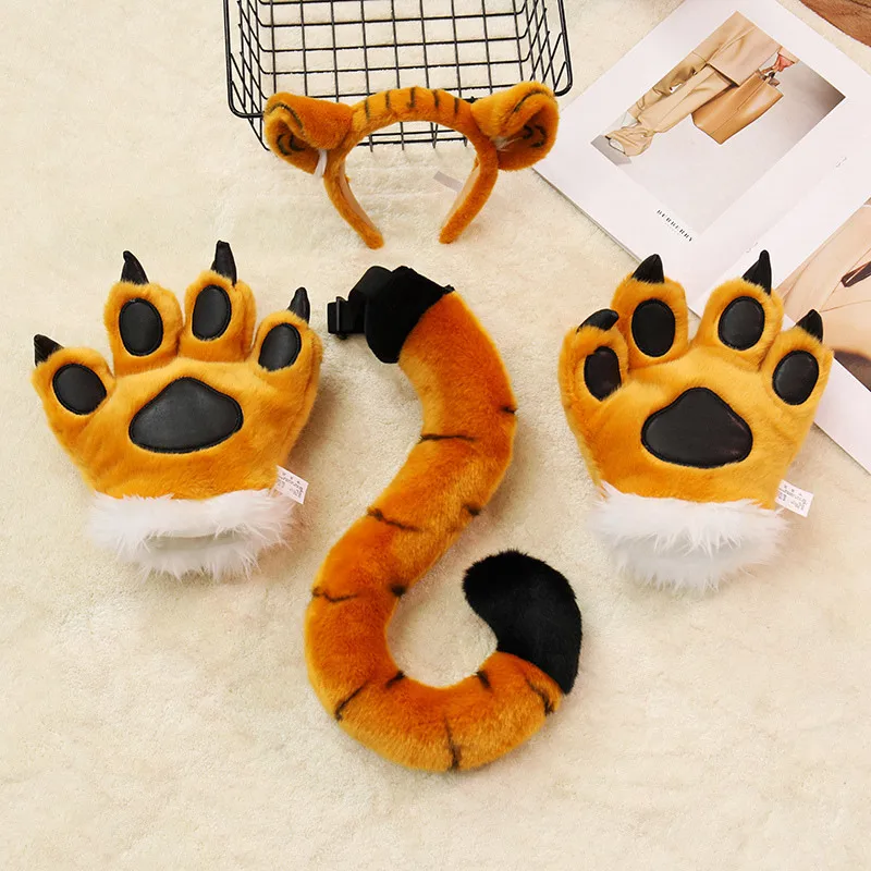Adorable Plush Tiger Claw Tail Hairband for Kids Cute Zoo Prop Stage Performance Children's Gift Stuffed Tiger Tail Accessory