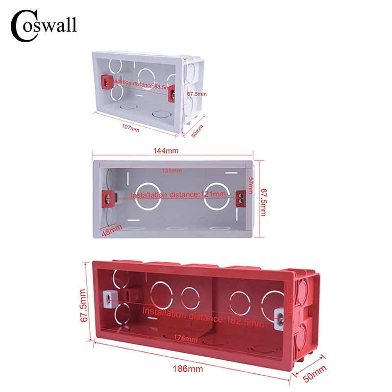 COSWALL Super jakość 107/144/186MM * 67.5MM wewnętrzna skrzynka montażowa tylna kaseta do przełączników i gniazd ściennych 118/154/197 MM * 72MM