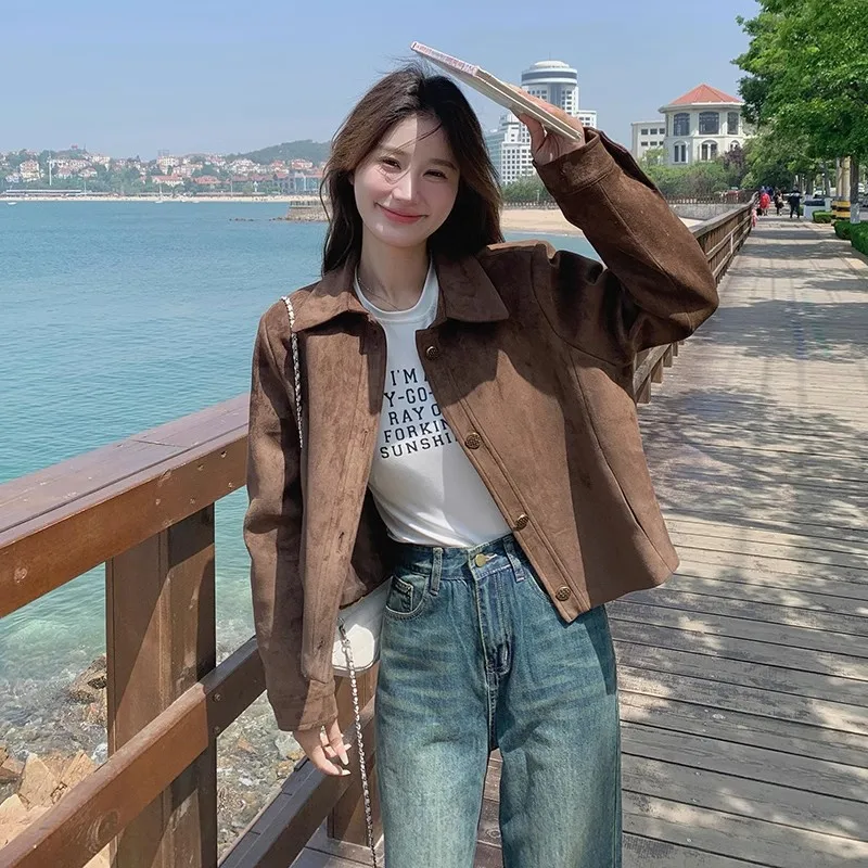 Women's Short Suede Jacket, New Spring And Autumn Vintage Style, Loose Fit, Thin Jacket For Petite Figures